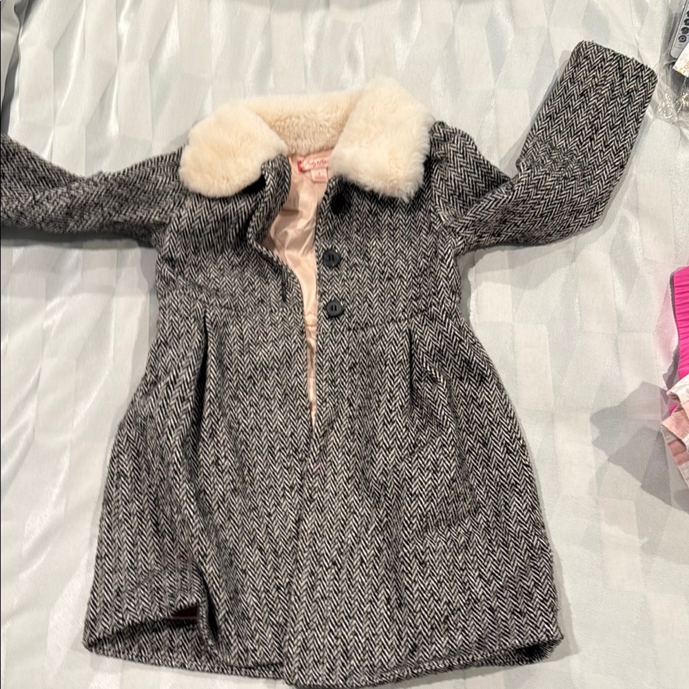Ruby & Bloom Black and White Herringbone Pea Coat with Cream Faux Fur Collar